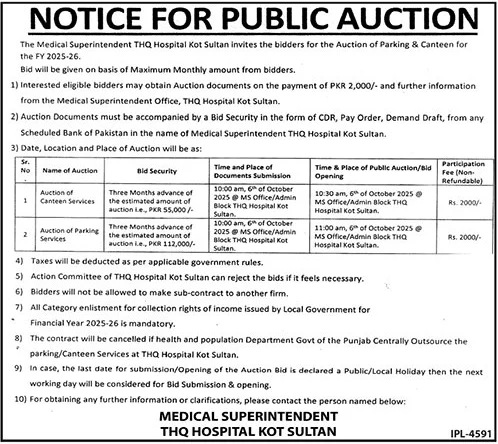 THQ Hospital Kot Sultan Tender Notice